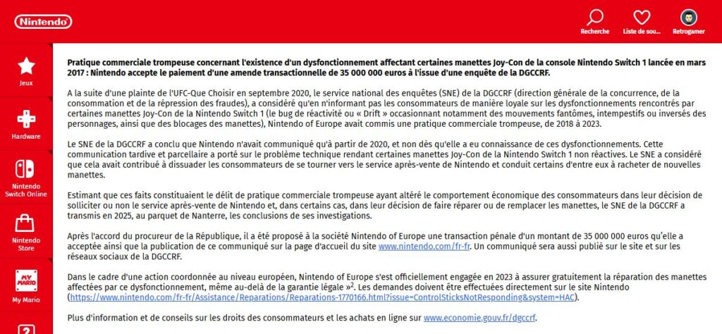 Declaration-Nintendo-Joy-Con-Drift-1024x474 Affaire Joy-Con Drift : Une amende de 35 millions d'euros pour Nintendo
